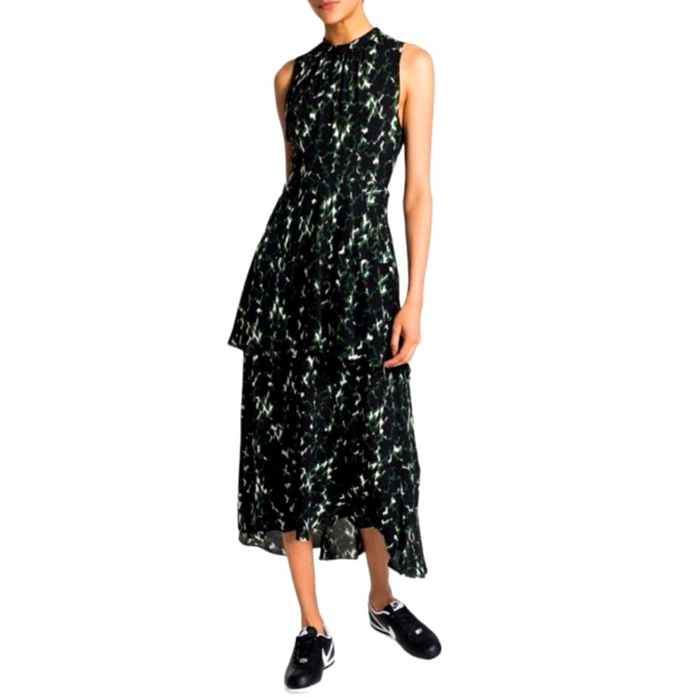 A.L.C. 100% Silk Tiered Midi Dress Women's 6 Green Black Print Sleeveless